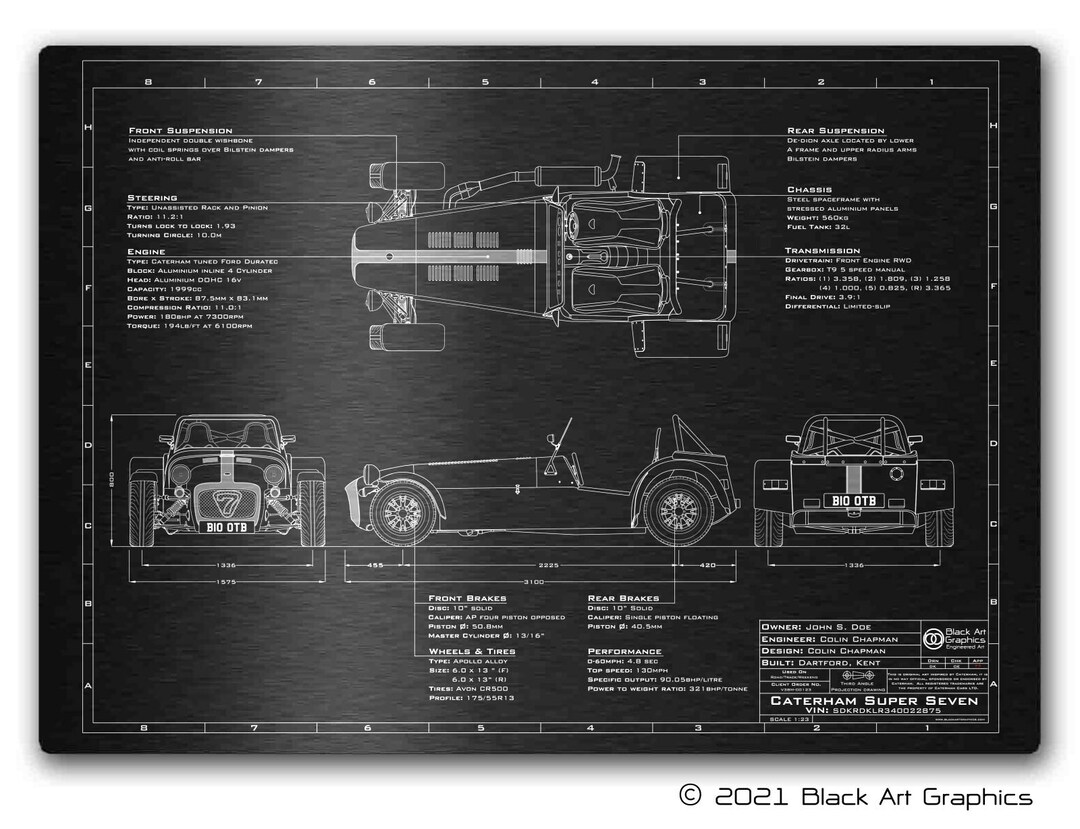 Caterham 7 Personalised Engraved Aluminium Blueprint Perfect Gift for a