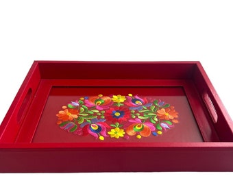 Leather Serving Tray with Embroidered Flowers. One of a Kind Tray with handles. Housewarming Gifts, Home Decor. Unique Tray.