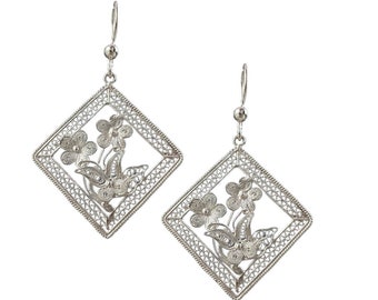Sterling Silver Filigree Earrings with Flowers and Butterflies. One of a Kind Dangle Earrings with intricate work. Gifts for mom.