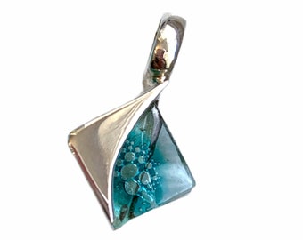 Hand Blown Glass and Sterling Silver Small Geometric Pendant. Light Blue bubbles mixed blown glass silver pendants. Circle, Moon, Square