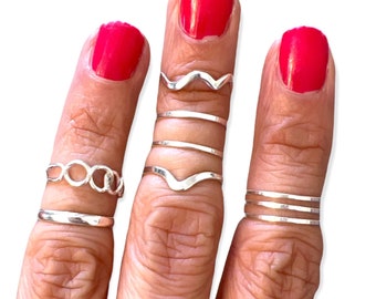 925 Sterling Silver Midi Rings. Solid Silver, Shiny Finish Stacking Rings with different designs. Knuckle Finger Rings in Sterling Silver.