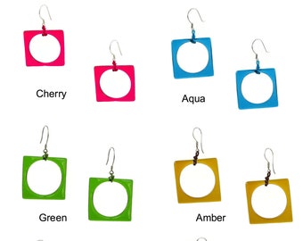 Mod Glass Square and Circle Earrings in 12 colors. Modern, Glass, Geometric Earrings. Gifts for her, Bright Earrings, Summer Earrings,