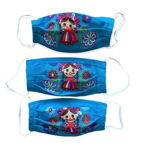 3 Masks Pack: Embroidered Maria Doll Cotton Face Mask - Mexican Artisan