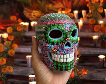 One of a Kind, Ceramic Mexican Sugar Skull, Hand Painted Clay Dia de Muertos Skulls. Multicolor, Different Sizes. Calaverita