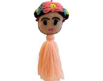 Frida doll pom pom charm. Colorful tassel Bag, Door adornment, felt ornament or doll. Available in many colors.