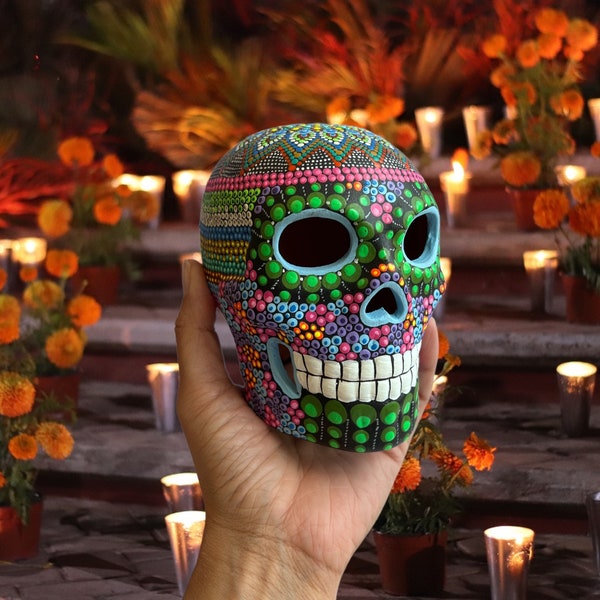 One of a Kind, Ceramic Mexican Sugar Skull, Hand Painted Clay Dia de Muertos Skulls. Multicolor, Different Sizes. Calaverita