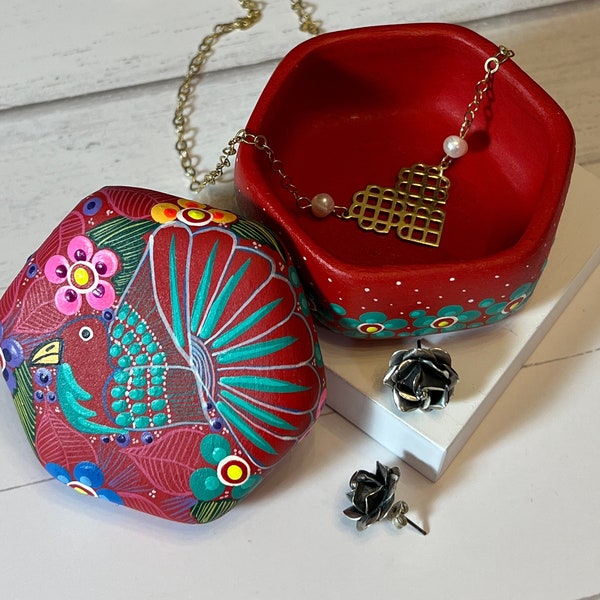 Colorful, One-of-a-kind  Mexican Jewelry Box. Ceramic Trinket Box, Hand-painted Bird & Flowers. Mexican pottery small box, different shapes.