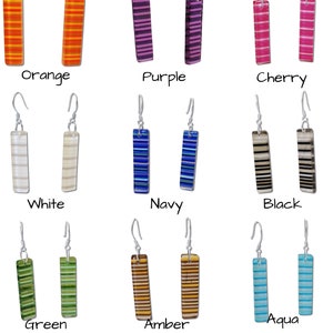 Fused Glass Dangle Earrings: Colorful Stripes, Sterling Silver Hooks