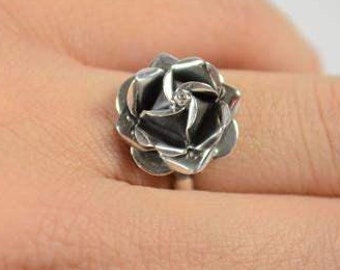 Sterling Silver Rose Adjustable Ring. Available in 3 Sizes and 2 Finishes. Customizable, Adjustable Ring. Oxidized or Shiny Rose Ring.