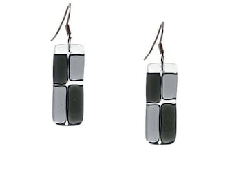 Fused Glass Rectangles Earrings: Sterling Silver Geometric Cobblestone Design