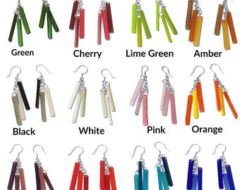 Fused Glass Bars with Chain Earrings in Different Colors. Dangly Glass Earrings, Colorful Earrings, Chain Earrings, Cluster Earrings