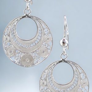 925 Silver Filigree Intricate Circles Earrings. Sterling Silver Filigree Drop Earrings with Curly Designs. Gifts for her image 9