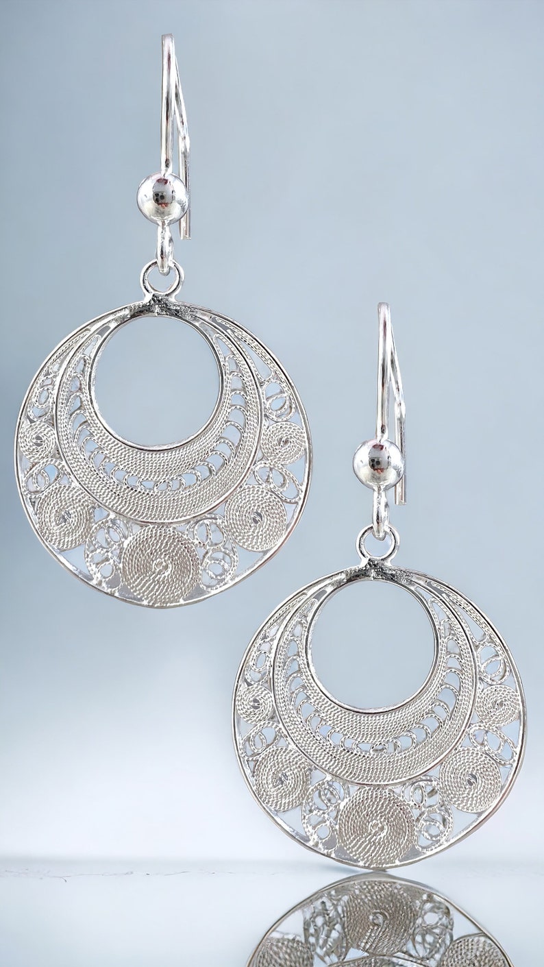 925 Silver Filigree Intricate Circles Earrings. Sterling Silver Filigree Drop Earrings with Curly Designs. Gifts for her image 9