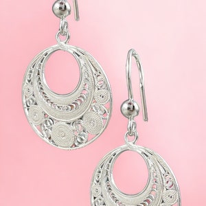 925 Silver Filigree Intricate Circles Earrings. Sterling Silver Filigree Drop Earrings with Curly Designs. Gifts for her image 4