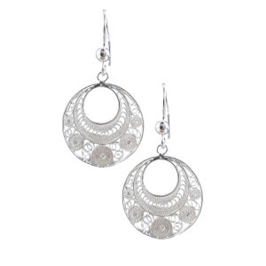 925 Silver Filigree Intricate Circles Earrings. Sterling Silver Filigree Drop Earrings with Curly Designs. Gifts for her image 1