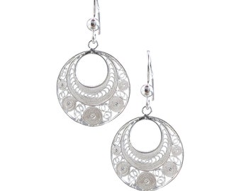 925 Silver Filigree Intricate Circles Earrings. Sterling Silver Filigree Drop Earrings with Curly Designs. Gifts for her