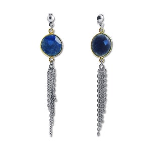 Genuine Blue Sapphire Statement Tassel Earrings. Gemstone and Sterling Silver, Contemporary Chains Earrings. Faceted Blue Earrings.