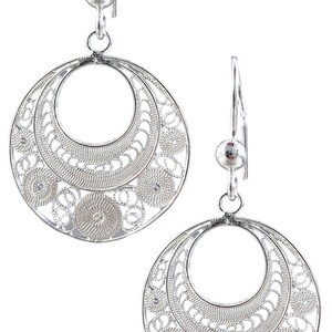 925 Silver Filigree Intricate Circles Earrings. Sterling Silver Filigree Drop Earrings with Curly Designs. Gifts for her image 2