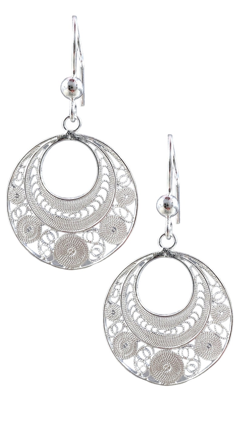 925 Silver Filigree Intricate Circles Earrings. Sterling Silver Filigree Drop Earrings with Curly Designs. Gifts for her image 2