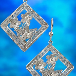 Sterling Silver Filigree Earrings with Flowers and Butterflies. One of a Kind Dangle Earrings with intricate work. Gifts for mom. image 6