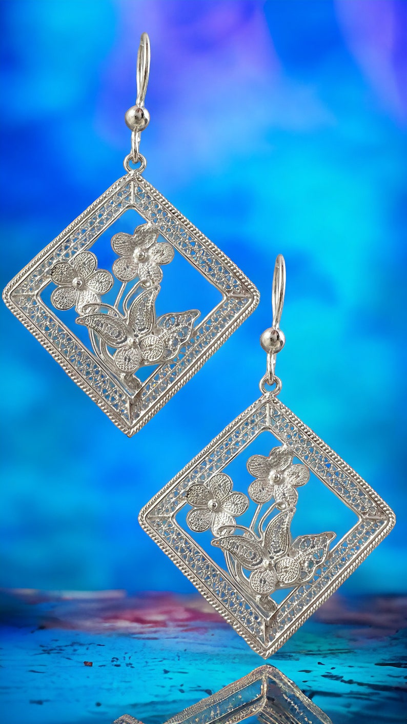 Sterling Silver Filigree Earrings with Flowers and Butterflies. One of a Kind Dangle Earrings with intricate work. Gifts for mom. image 6