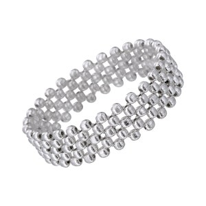 May include: A silver ring made of small, interconnected beads forming a woven pattern.