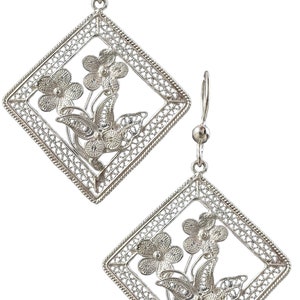 Sterling Silver Filigree Earrings with Flowers and Butterflies. One of a Kind Dangle Earrings with intricate work. Gifts for mom. image 2