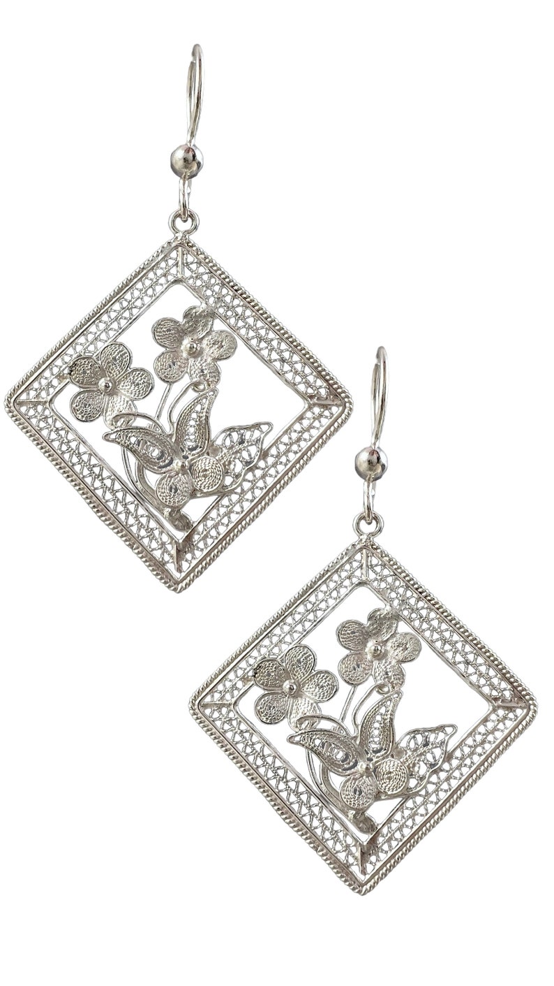 Sterling Silver Filigree Earrings with Flowers and Butterflies. One of a Kind Dangle Earrings with intricate work. Gifts for mom. image 2