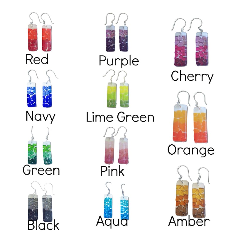 May include: Assortment of colorful mosaic glass earrings in various colors, including red, purple, cherry, navy, lime green, orange, green, pink, black, aqua, and amber.