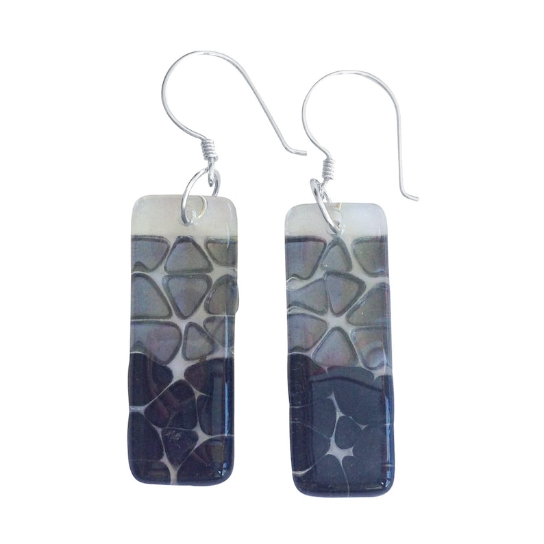May include: A pair of silver dangle earrings with rectangular glass drops. The glass is clear with a black and gray geometric pattern.