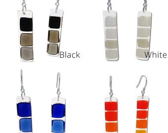 Fused Glass Squares Earrings in 8 different colors.  Mod, Colorful, Fun Earrings, Geometric, long earrings. Summer Earrings. Dangly earrings