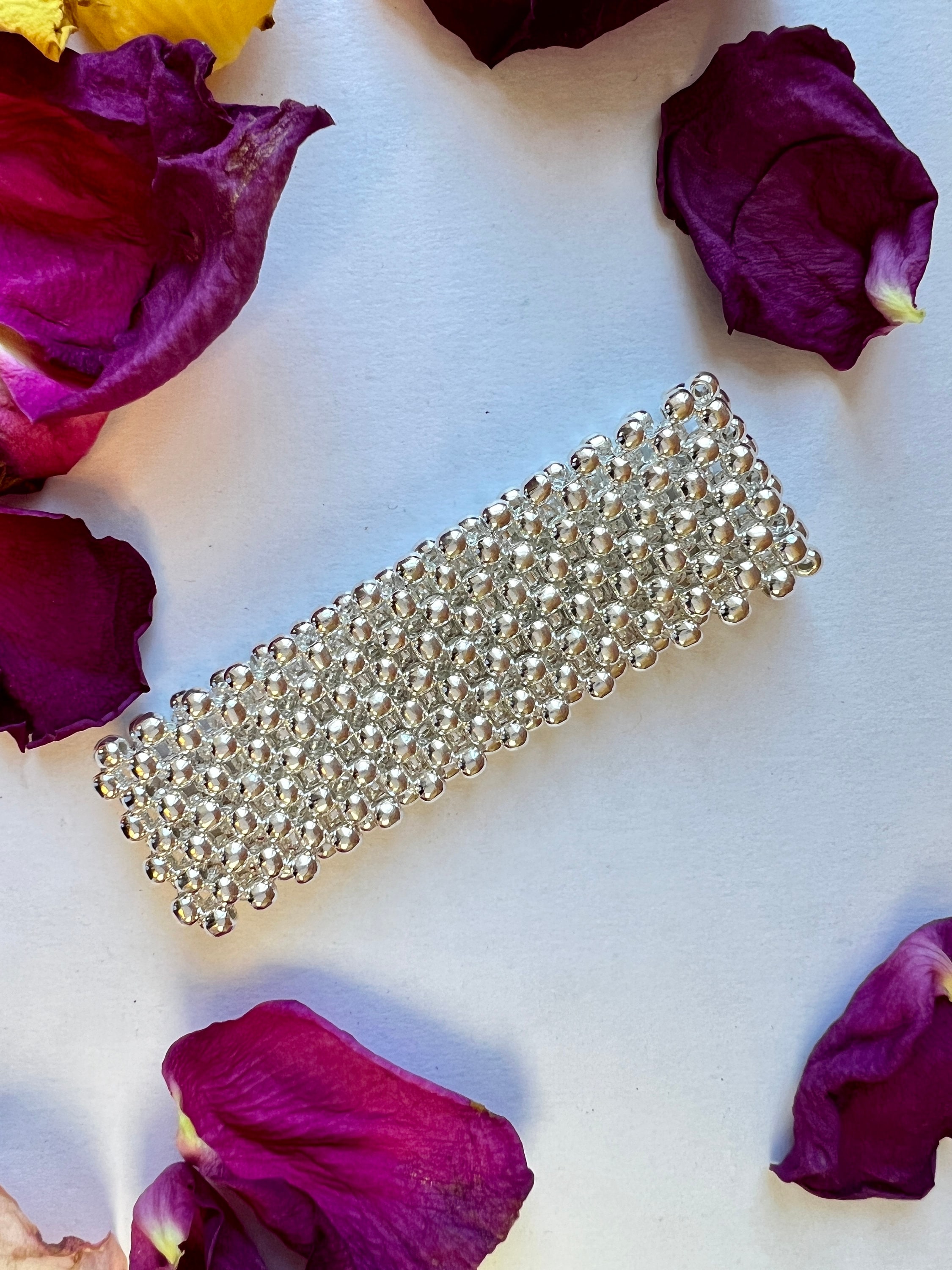 Bracciale elastico con perline a sfera in argento sterling, gioiello importante a più file, qualità cimelio - Italia