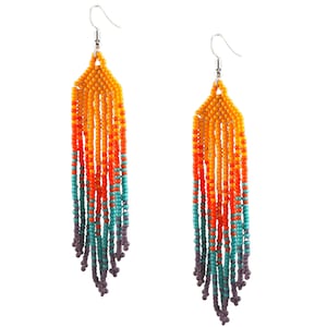 Huichol Statement Earrings. Handwoven Seed Beads Fringe Earrings with Sterling Silver Hooks. Indigenous  Ombre Gradient Earrings.