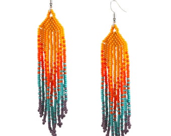 Huichol Statement Earrings. Handwoven Seed Beads Fringe Earrings with Sterling Silver Hooks. Indigenous  Ombre Gradient Earrings.