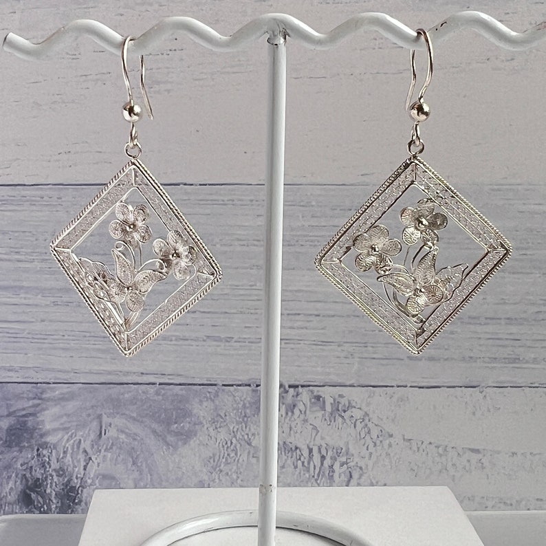 Sterling Silver Filigree Earrings with Flowers and Butterflies. One of a Kind Dangle Earrings with intricate work. Gifts for mom. image 5