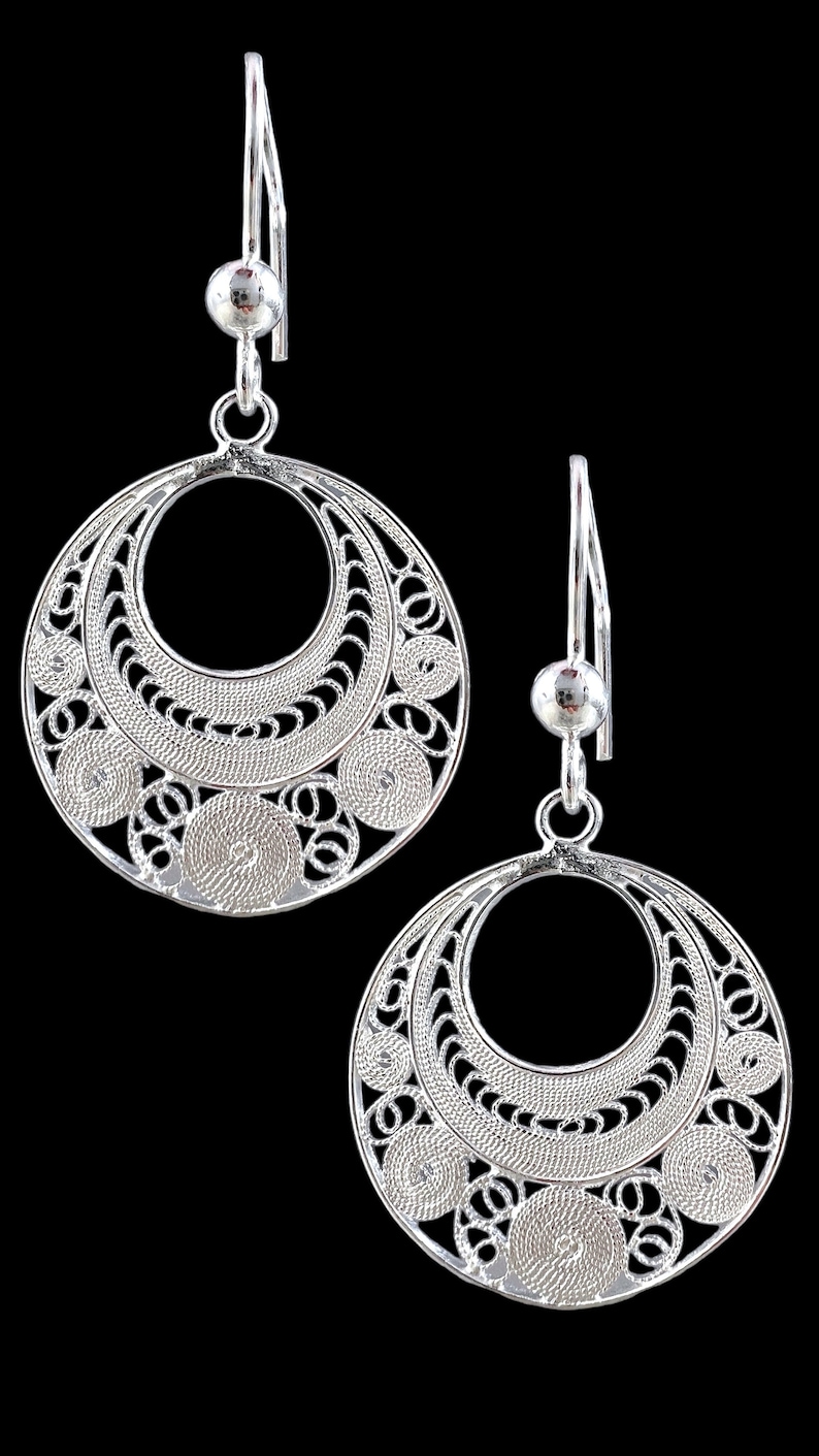 925 Silver Filigree Intricate Circles Earrings. Sterling Silver Filigree Drop Earrings with Curly Designs. Gifts for her image 5