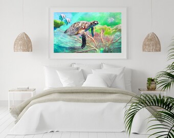 Sea Turtle Art Print: Coastal Underwater Painting