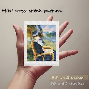 May include: Mini cross-stitch pattern featuring a seated figure in a blue dress and hat, rendered in cross-stitch style. The pattern measures 3.5 x 4.3 inches and contains 50 x 60 stitches. The text "MINI cross-stitch pattern" is at the top.