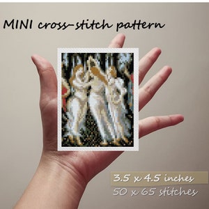 May include: A cross-stitch pattern of three nude figures in a woodland setting. The pattern is 3.5 x 4.5 inches and has 50 x 65 stitches.