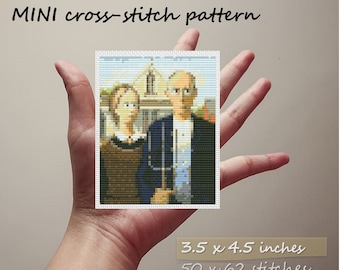 May include: A cross-stitch pattern of American Gothic, a famous painting by Grant Wood. The pattern is 3.5 x 4.5 inches and has 50 x 62 stitches.