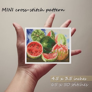 Può includere: Schema di punto croce di una natura morta con fette di anguria e melone verde. Lo schema misura 4,5 x 3,5 pollici e 65 x 50 punti.