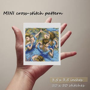 May include: A cross-stitch pattern of three figures in blue dresses, with a green and brown background. The pattern is 3.5 x 3.5 inches and has 50 x 50 stitches.