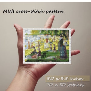 May include: A cross-stitch pattern of a painting depicting a group of people gathered in a park setting. The pattern is 70 x 50 stitches and measures 5.0 x 3.5 inches.