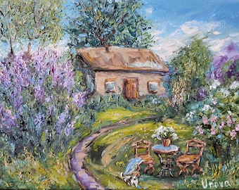 May include: A painting of a small cottage with a brown roof and a white exterior. The cottage is surrounded by lush green trees and bushes, with a path leading up to the front door. There is a table and chairs set up in the yard, with a vase of white flowers on the table. The painting is done in a realistic style, with a focus on the details of the cottage and the surrounding landscape.
