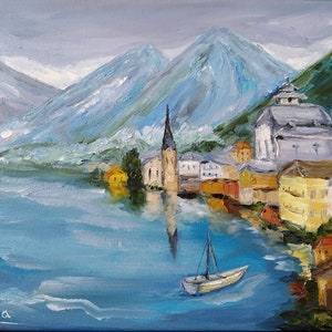 Original Oil Painting Austria Hallstatt Cityscape Europe Landscape Mountain view Textured Impasto oil picture Christmas Art gift Modern art