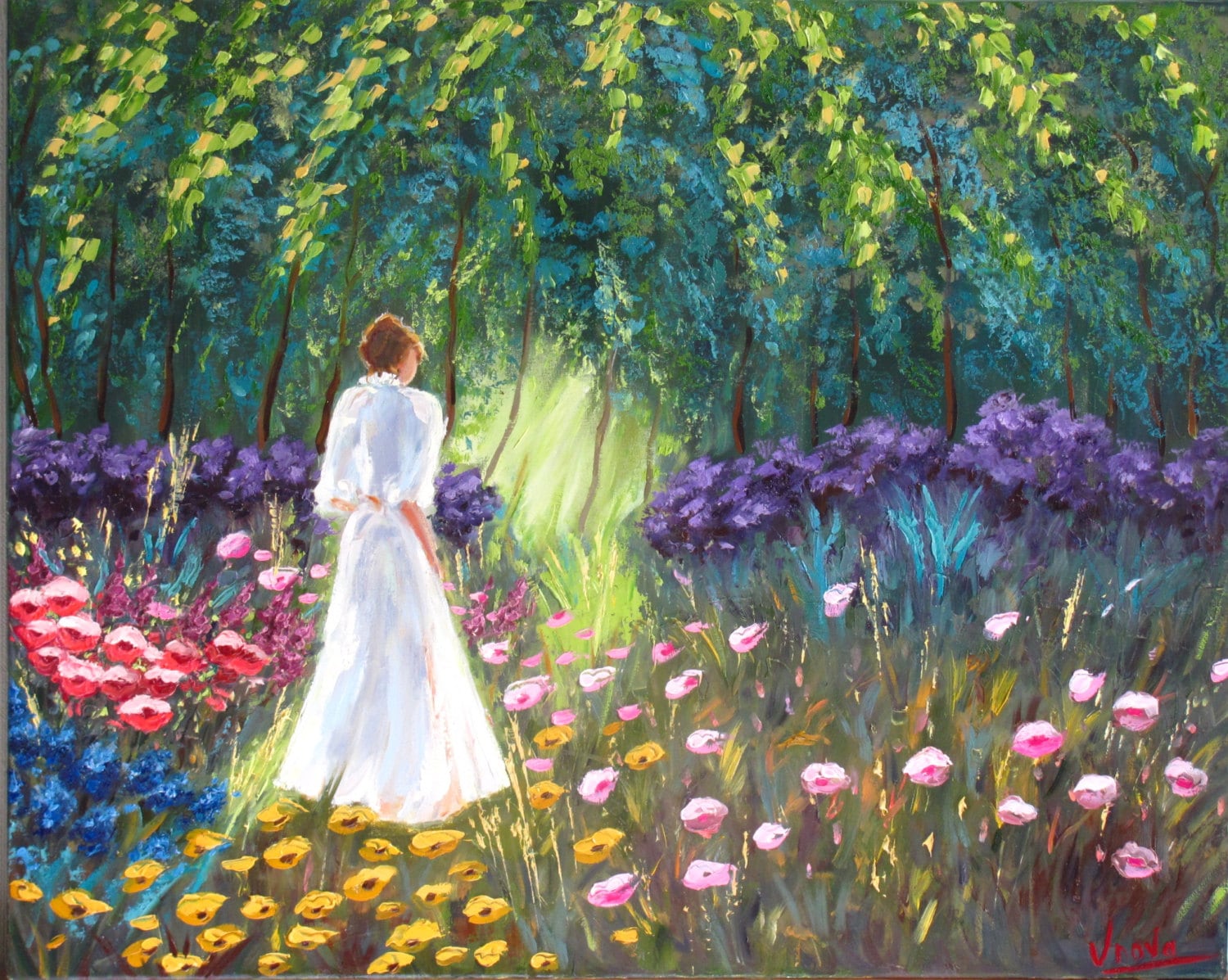 Original Oil Painting Walk in the Lush Garden Summer Landscape Mothers