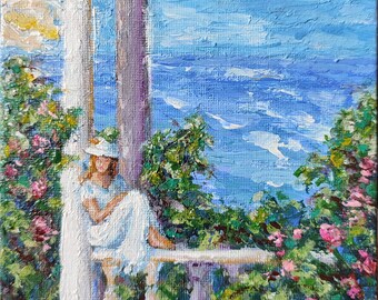 海辺の女性 油絵 ビーチで夢見る少女 アート風景画 キャンバス 彼女の