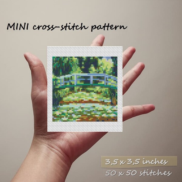 Monet Mini Cross stitch pattern Japanese Bridge Claude Monet painting The Water Lilies pond Tiny Artwork PDF chart Small masterpieces Art