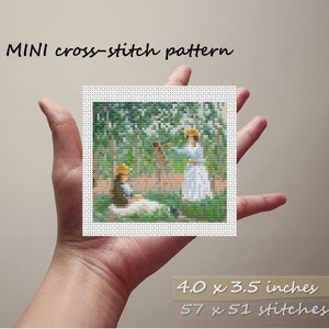 May include: A cross-stitch pattern of two people in a garden setting. The pattern is 4.0 x 3.5 inches and has 57 x 51 stitches.