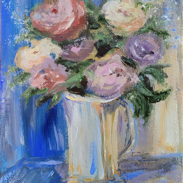 Peinture Fleurs Pivoines Bouquet de Pivoines Art miniature Peinture acrylique Floral Nature morte Fleurs image Wall Art Art moderne Cadeau